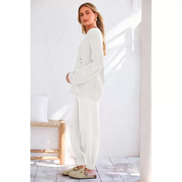 imagePRETTYGARDEN Womens 2 Piece Outfits 2023 Fall V Neck Ripped Knit Pullover Sweater And Long Pants Tracksuit SetWhite