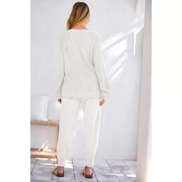 imagePRETTYGARDEN Womens 2 Piece Outfits 2023 Fall V Neck Ripped Knit Pullover Sweater And Long Pants Tracksuit SetWhite