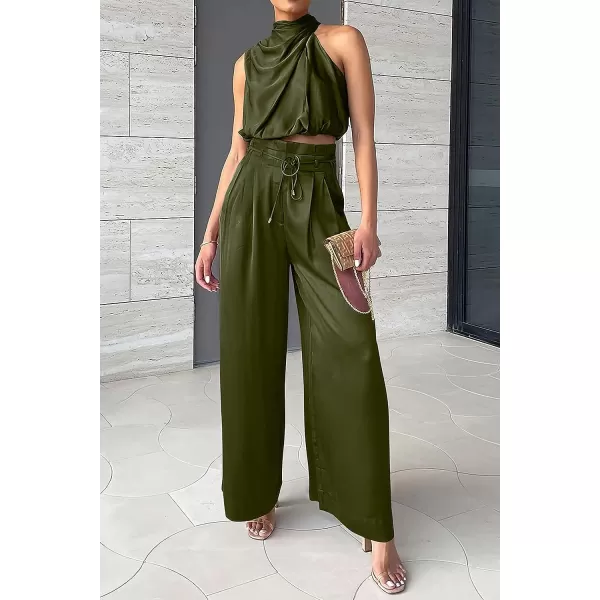 imagePRETTYGARDEN Womens 2 Piece Outfits 2023 Summer Casual Sleeveless Mock Neck Crop Tops Wide Leg Pants SetArmy Green