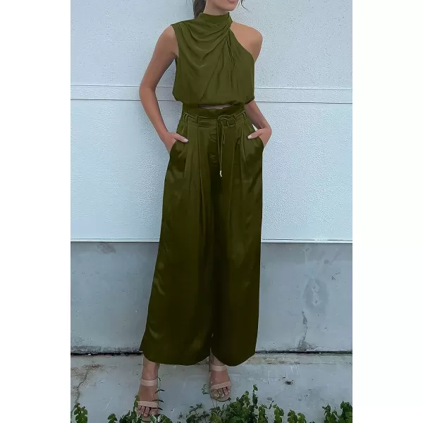 imagePRETTYGARDEN Womens 2 Piece Outfits 2023 Summer Casual Sleeveless Mock Neck Crop Tops Wide Leg Pants SetArmy Green