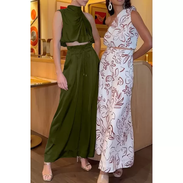 imagePRETTYGARDEN Womens 2 Piece Outfits 2023 Summer Casual Sleeveless Mock Neck Crop Tops Wide Leg Pants SetArmy Green
