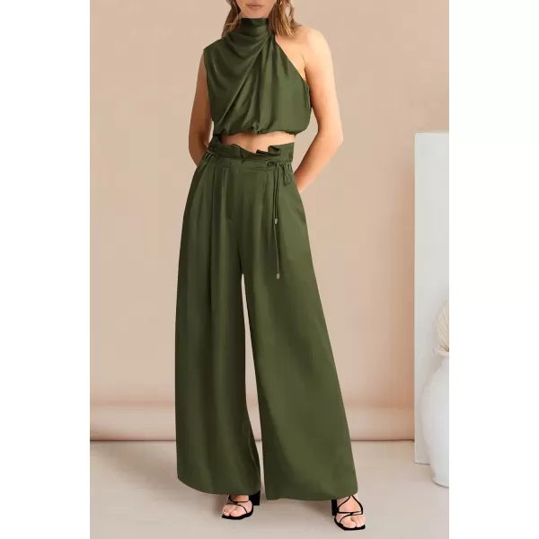 imagePRETTYGARDEN Womens 2 Piece Outfits 2023 Summer Casual Sleeveless Mock Neck Crop Tops Wide Leg Pants SetArmy Green