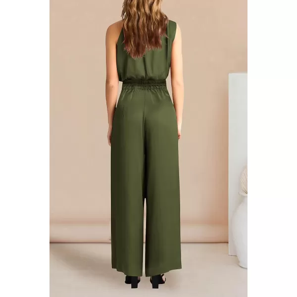 imagePRETTYGARDEN Womens 2 Piece Outfits 2023 Summer Casual Sleeveless Mock Neck Crop Tops Wide Leg Pants SetArmy Green