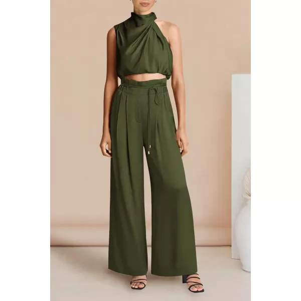 imagePRETTYGARDEN Womens 2 Piece Outfits 2023 Summer Casual Sleeveless Mock Neck Crop Tops Wide Leg Pants SetArmy Green
