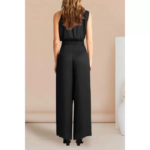 imagePRETTYGARDEN Womens 2 Piece Outfits 2023 Summer Casual Sleeveless Mock Neck Crop Tops Wide Leg Pants SetBlack