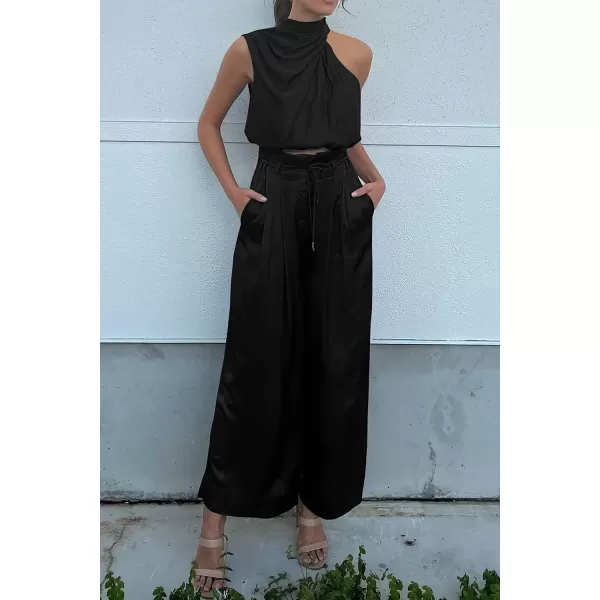 imagePRETTYGARDEN Womens 2 Piece Outfits 2023 Summer Casual Sleeveless Mock Neck Crop Tops Wide Leg Pants SetBlack
