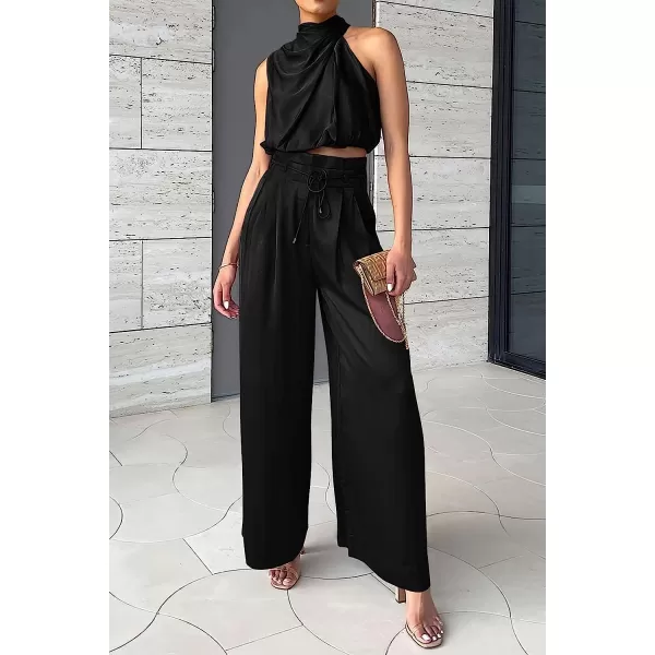imagePRETTYGARDEN Womens 2 Piece Outfits 2023 Summer Casual Sleeveless Mock Neck Crop Tops Wide Leg Pants SetBlack