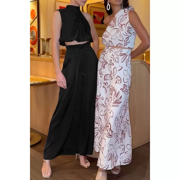imagePRETTYGARDEN Womens 2 Piece Outfits 2023 Summer Casual Sleeveless Mock Neck Crop Tops Wide Leg Pants SetBlack