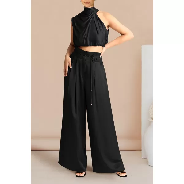 imagePRETTYGARDEN Womens 2 Piece Outfits 2023 Summer Casual Sleeveless Mock Neck Crop Tops Wide Leg Pants SetBlack
