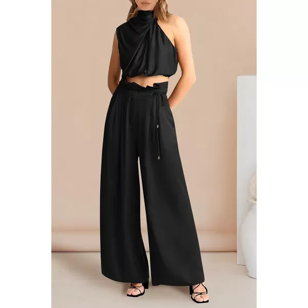 imagePRETTYGARDEN Womens 2 Piece Outfits 2023 Summer Casual Sleeveless Mock Neck Crop Tops Wide Leg Pants SetBlack