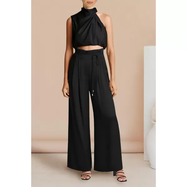 imagePRETTYGARDEN Womens 2 Piece Outfits 2023 Summer Casual Sleeveless Mock Neck Crop Tops Wide Leg Pants SetBlack