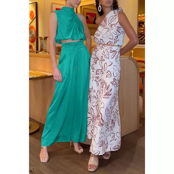 imagePRETTYGARDEN Womens 2 Piece Outfits 2023 Summer Casual Sleeveless Mock Neck Crop Tops Wide Leg Pants SetBlue Green