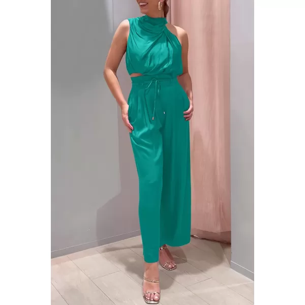 imagePRETTYGARDEN Womens 2 Piece Outfits 2023 Summer Casual Sleeveless Mock Neck Crop Tops Wide Leg Pants SetBlue Green
