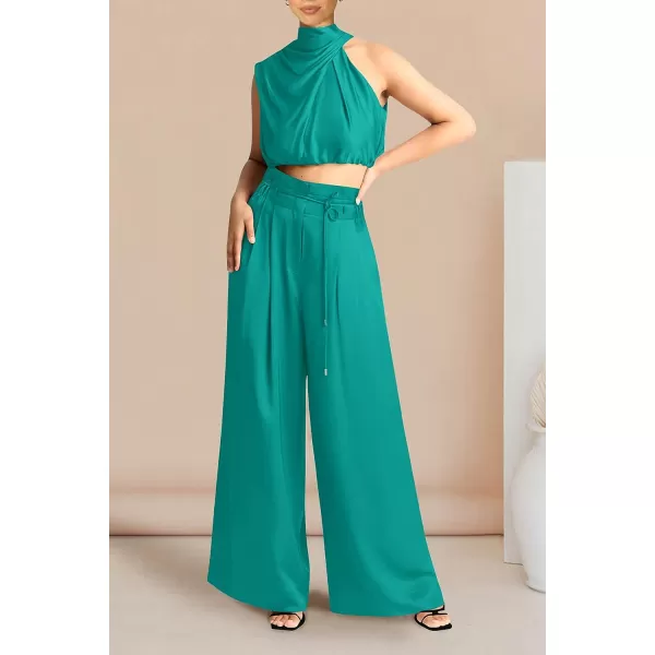 imagePRETTYGARDEN Womens 2 Piece Outfits 2023 Summer Casual Sleeveless Mock Neck Crop Tops Wide Leg Pants SetBlue Green