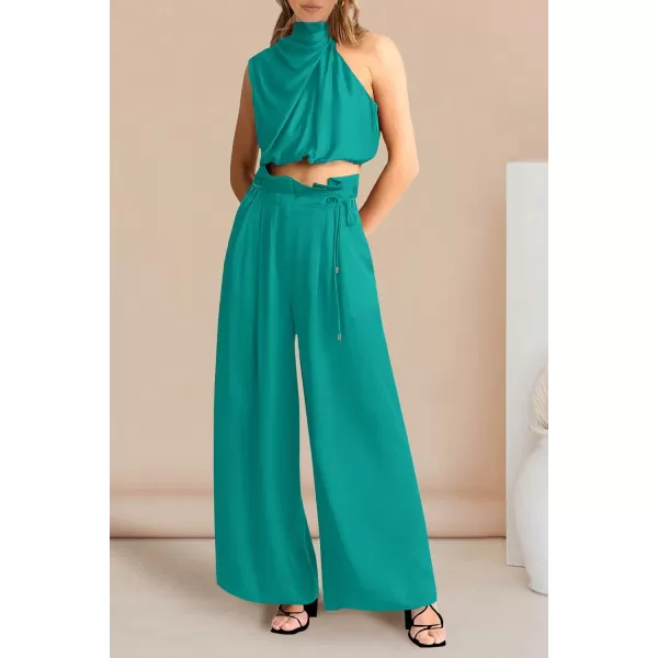 imagePRETTYGARDEN Womens 2 Piece Outfits 2023 Summer Casual Sleeveless Mock Neck Crop Tops Wide Leg Pants SetBlue Green