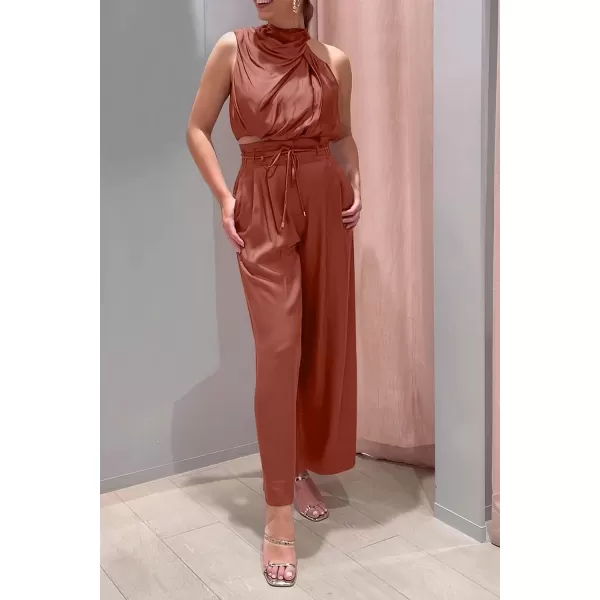 imagePRETTYGARDEN Womens 2 Piece Outfits 2023 Summer Casual Sleeveless Mock Neck Crop Tops Wide Leg Pants SetBrown Red