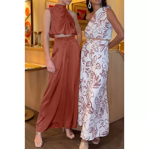 imagePRETTYGARDEN Womens 2 Piece Outfits 2023 Summer Casual Sleeveless Mock Neck Crop Tops Wide Leg Pants SetBrown Red