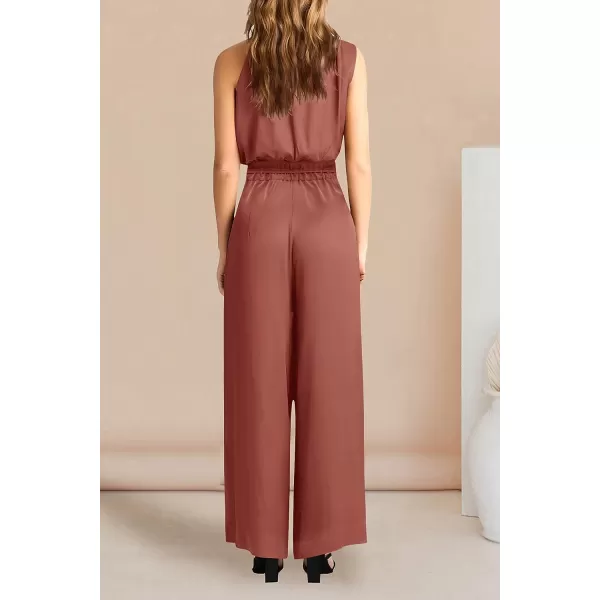 imagePRETTYGARDEN Womens 2 Piece Outfits 2023 Summer Casual Sleeveless Mock Neck Crop Tops Wide Leg Pants SetBrown Red