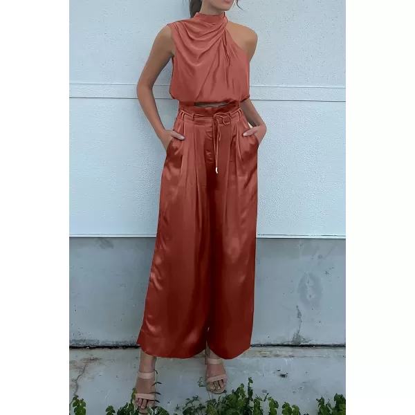 imagePRETTYGARDEN Womens 2 Piece Outfits 2023 Summer Casual Sleeveless Mock Neck Crop Tops Wide Leg Pants SetBrown Red