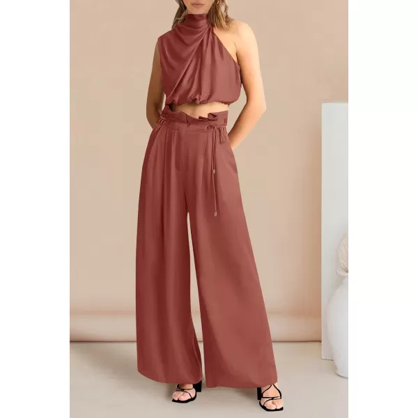 imagePRETTYGARDEN Womens 2 Piece Outfits 2023 Summer Casual Sleeveless Mock Neck Crop Tops Wide Leg Pants SetBrown Red