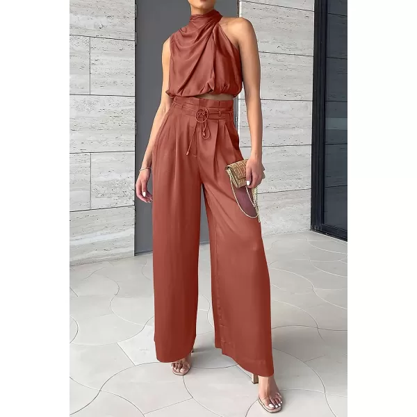 imagePRETTYGARDEN Womens 2 Piece Outfits 2023 Summer Casual Sleeveless Mock Neck Crop Tops Wide Leg Pants SetBrown Red