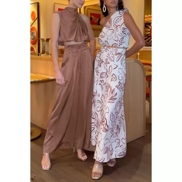 imagePRETTYGARDEN Womens 2 Piece Outfits 2023 Summer Casual Sleeveless Mock Neck Crop Tops Wide Leg Pants SetCoffee