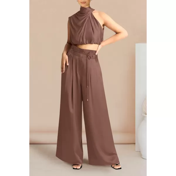 imagePRETTYGARDEN Womens 2 Piece Outfits 2023 Summer Casual Sleeveless Mock Neck Crop Tops Wide Leg Pants SetCoffee