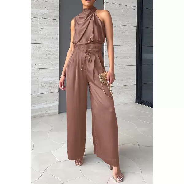 imagePRETTYGARDEN Womens 2 Piece Outfits 2023 Summer Casual Sleeveless Mock Neck Crop Tops Wide Leg Pants SetCoffee