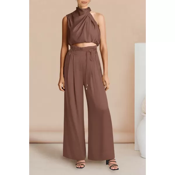 imagePRETTYGARDEN Womens 2 Piece Outfits 2023 Summer Casual Sleeveless Mock Neck Crop Tops Wide Leg Pants SetCoffee