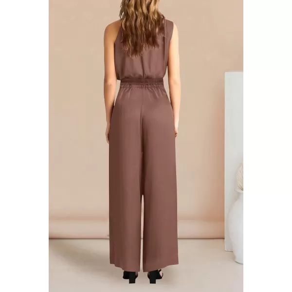 imagePRETTYGARDEN Womens 2 Piece Outfits 2023 Summer Casual Sleeveless Mock Neck Crop Tops Wide Leg Pants SetCoffee