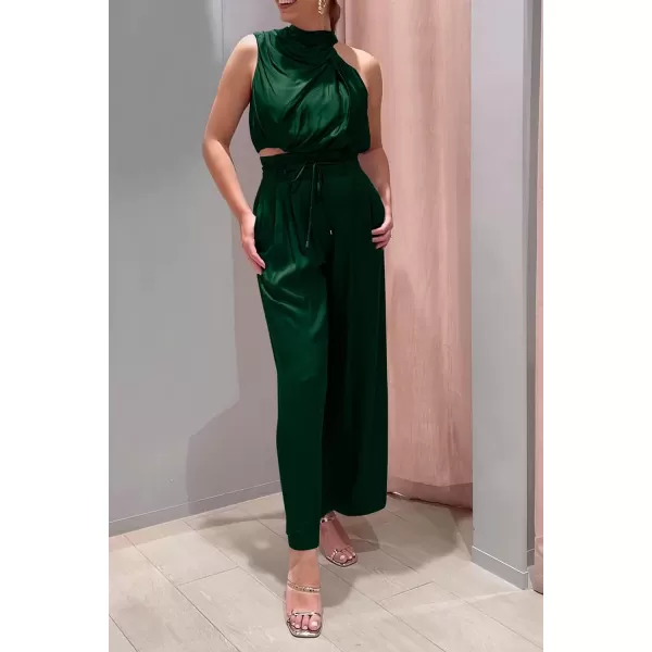 imagePRETTYGARDEN Womens 2 Piece Outfits 2023 Summer Casual Sleeveless Mock Neck Crop Tops Wide Leg Pants SetDark Green
