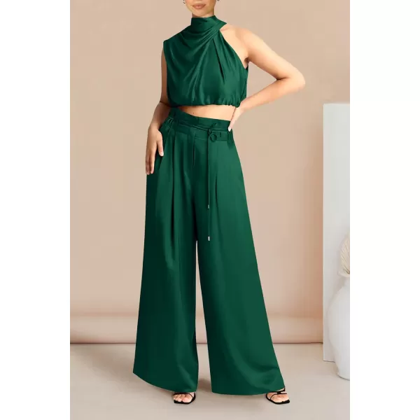 imagePRETTYGARDEN Womens 2 Piece Outfits 2023 Summer Casual Sleeveless Mock Neck Crop Tops Wide Leg Pants SetDark Green
