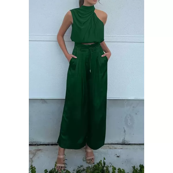 imagePRETTYGARDEN Womens 2 Piece Outfits 2023 Summer Casual Sleeveless Mock Neck Crop Tops Wide Leg Pants SetDark Green