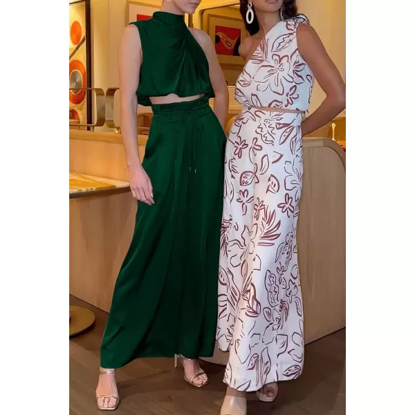 imagePRETTYGARDEN Womens 2 Piece Outfits 2023 Summer Casual Sleeveless Mock Neck Crop Tops Wide Leg Pants SetDark Green