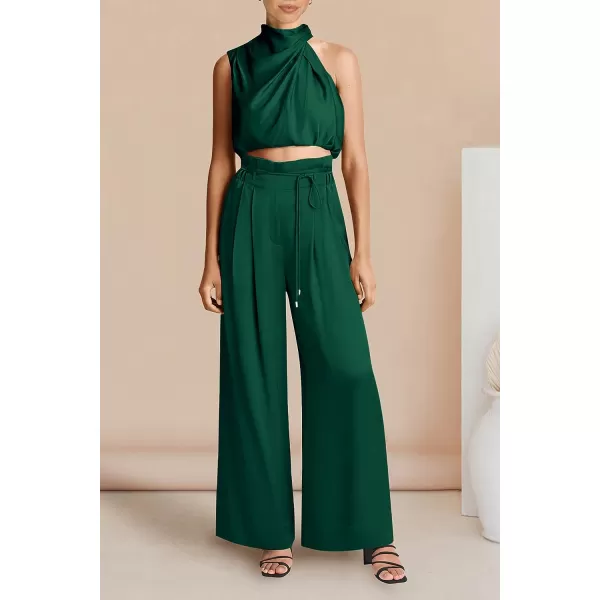 imagePRETTYGARDEN Womens 2 Piece Outfits 2023 Summer Casual Sleeveless Mock Neck Crop Tops Wide Leg Pants SetDark Green
