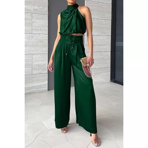 imagePRETTYGARDEN Womens 2 Piece Outfits 2023 Summer Casual Sleeveless Mock Neck Crop Tops Wide Leg Pants SetDark Green