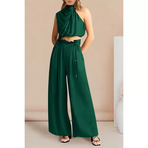 imagePRETTYGARDEN Womens 2 Piece Outfits 2023 Summer Casual Sleeveless Mock Neck Crop Tops Wide Leg Pants SetDark Green