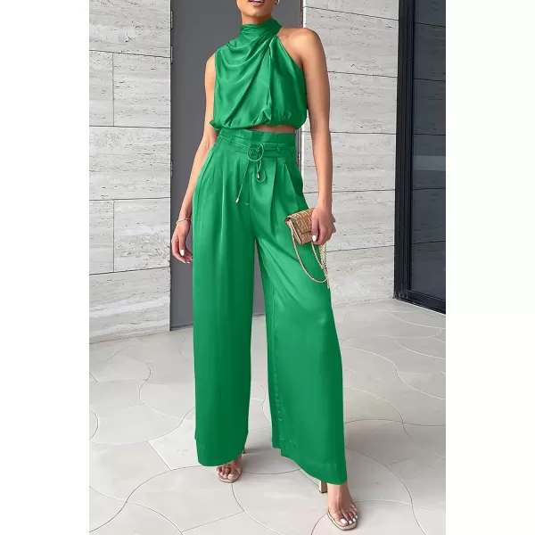 imagePRETTYGARDEN Womens 2 Piece Outfits 2023 Summer Casual Sleeveless Mock Neck Crop Tops Wide Leg Pants SetGreen