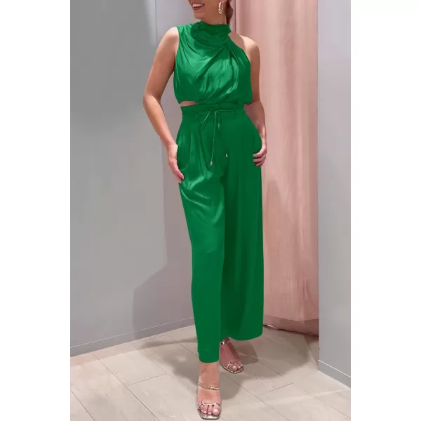 imagePRETTYGARDEN Womens 2 Piece Outfits 2023 Summer Casual Sleeveless Mock Neck Crop Tops Wide Leg Pants SetGreen