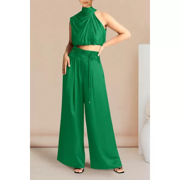 imagePRETTYGARDEN Womens 2 Piece Outfits 2023 Summer Casual Sleeveless Mock Neck Crop Tops Wide Leg Pants SetGreen
