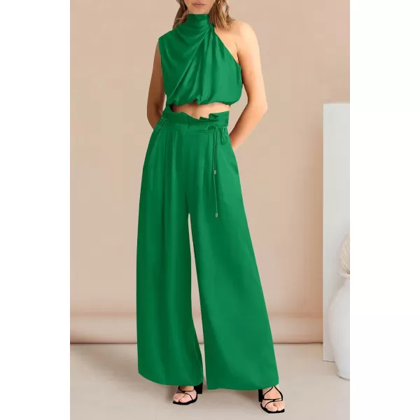 imagePRETTYGARDEN Womens 2 Piece Outfits 2023 Summer Casual Sleeveless Mock Neck Crop Tops Wide Leg Pants SetGreen
