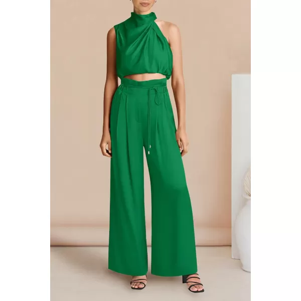 imagePRETTYGARDEN Womens 2 Piece Outfits 2023 Summer Casual Sleeveless Mock Neck Crop Tops Wide Leg Pants SetGreen