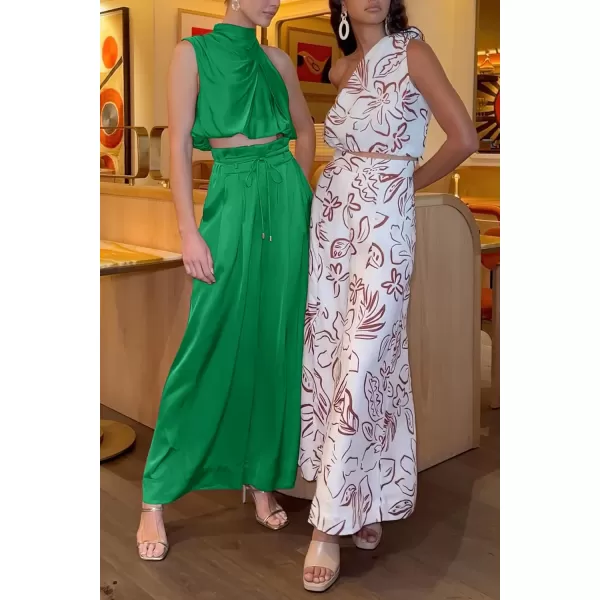 imagePRETTYGARDEN Womens 2 Piece Outfits 2023 Summer Casual Sleeveless Mock Neck Crop Tops Wide Leg Pants SetGreen