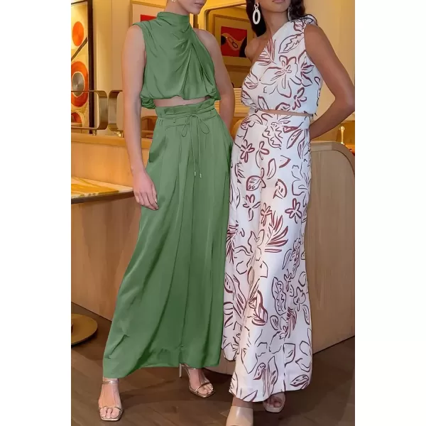 imagePRETTYGARDEN Womens 2 Piece Outfits 2023 Summer Casual Sleeveless Mock Neck Crop Tops Wide Leg Pants SetLight Green