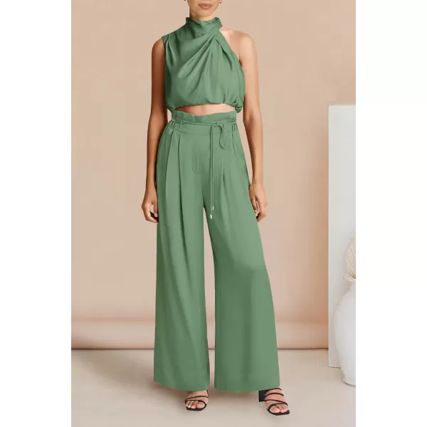 imagePRETTYGARDEN Womens 2 Piece Outfits 2023 Summer Casual Sleeveless Mock Neck Crop Tops Wide Leg Pants SetLight Green