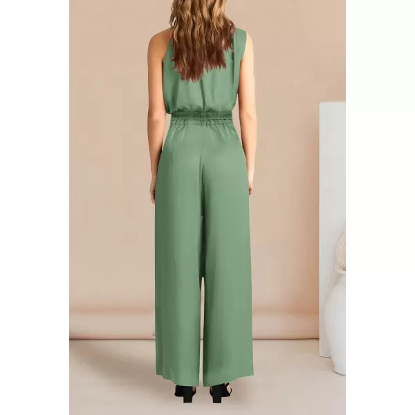 imagePRETTYGARDEN Womens 2 Piece Outfits 2023 Summer Casual Sleeveless Mock Neck Crop Tops Wide Leg Pants SetLight Green