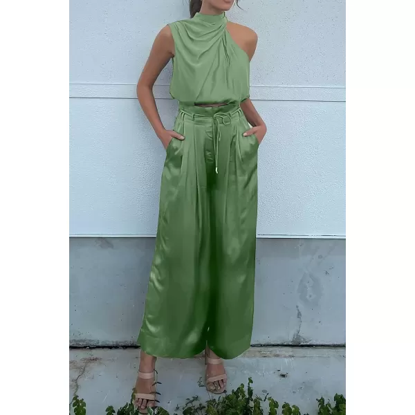 imagePRETTYGARDEN Womens 2 Piece Outfits 2023 Summer Casual Sleeveless Mock Neck Crop Tops Wide Leg Pants SetLight Green
