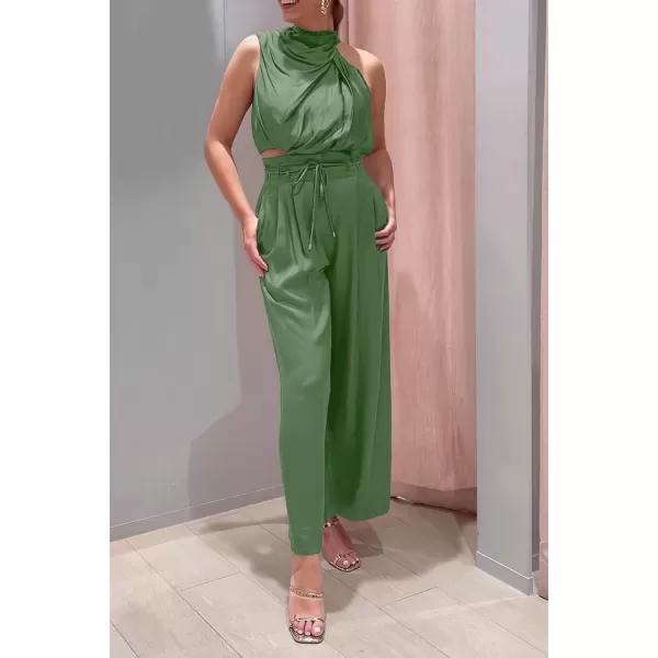 imagePRETTYGARDEN Womens 2 Piece Outfits 2023 Summer Casual Sleeveless Mock Neck Crop Tops Wide Leg Pants SetLight Green