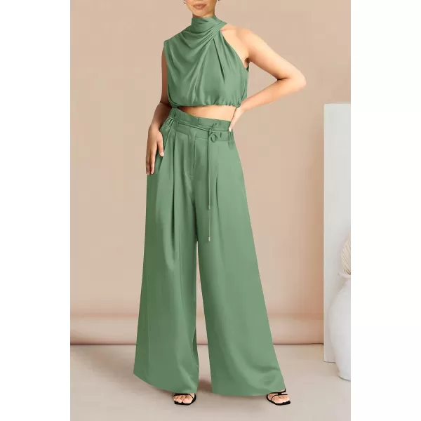 imagePRETTYGARDEN Womens 2 Piece Outfits 2023 Summer Casual Sleeveless Mock Neck Crop Tops Wide Leg Pants SetLight Green