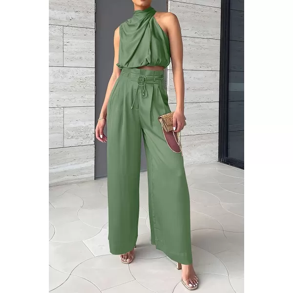 imagePRETTYGARDEN Womens 2 Piece Outfits 2023 Summer Casual Sleeveless Mock Neck Crop Tops Wide Leg Pants SetLight Green